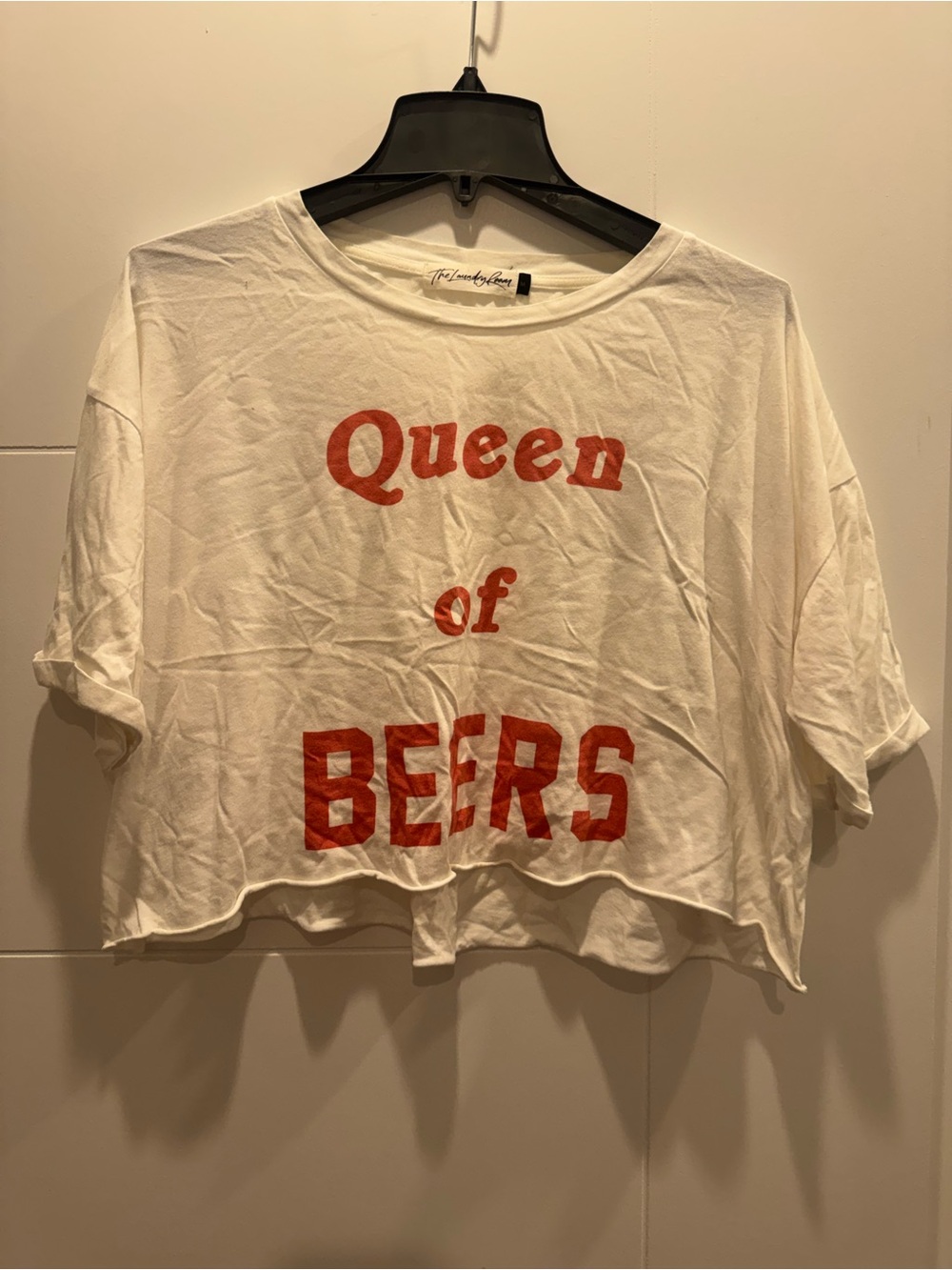 The Laundry Room White Cropped Tee with Red "Queen of BEERS" Graphic